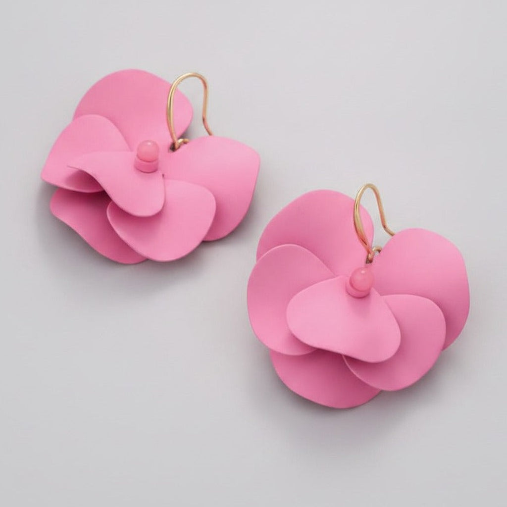 Puffy Flower Petal Dangle Earrings - Rose Red