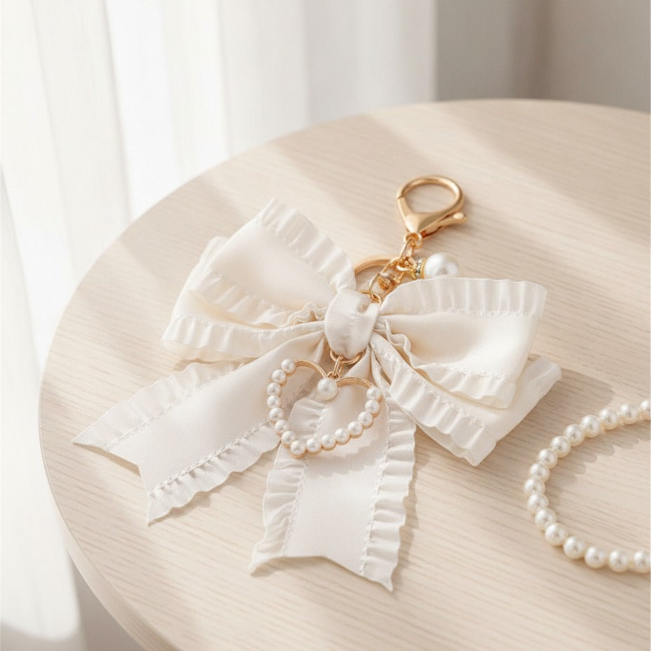 Ruffled Ribbon Bow Keychain - Cream