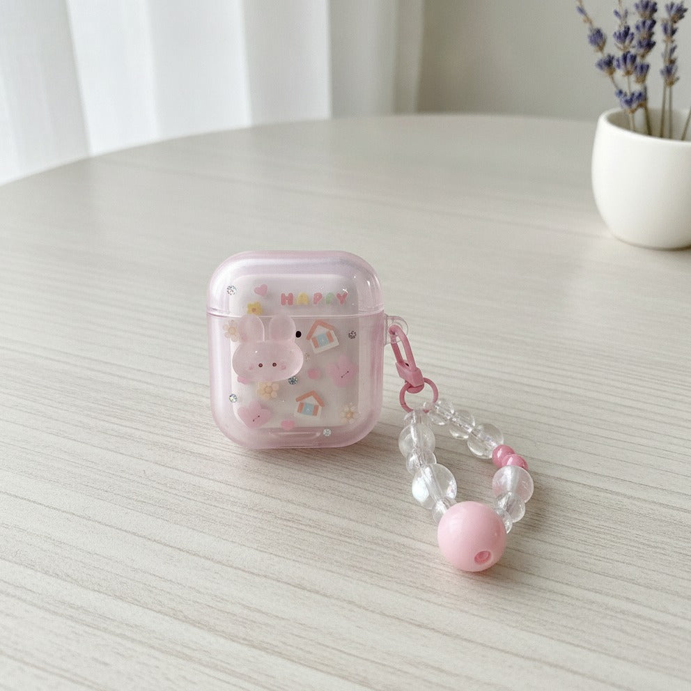 3D Flower AirPods Case with Beaded Charm - Pink Bunny House (for AirPods 3)