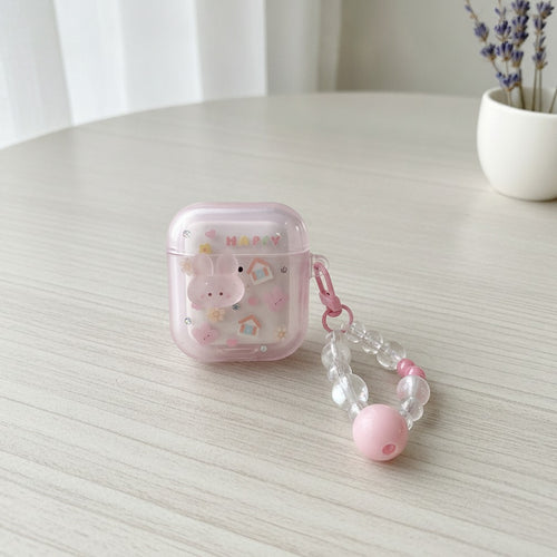 3D Flower AirPods Case with Beaded Charm - Pink Bunny House (for AirPods 3)