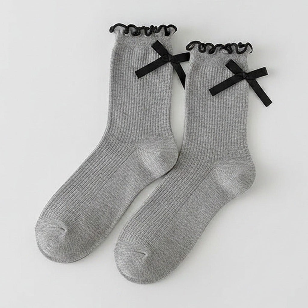 Gray Bow Ruffle Ribbed Crew Socks – apparel accessories (view 1)