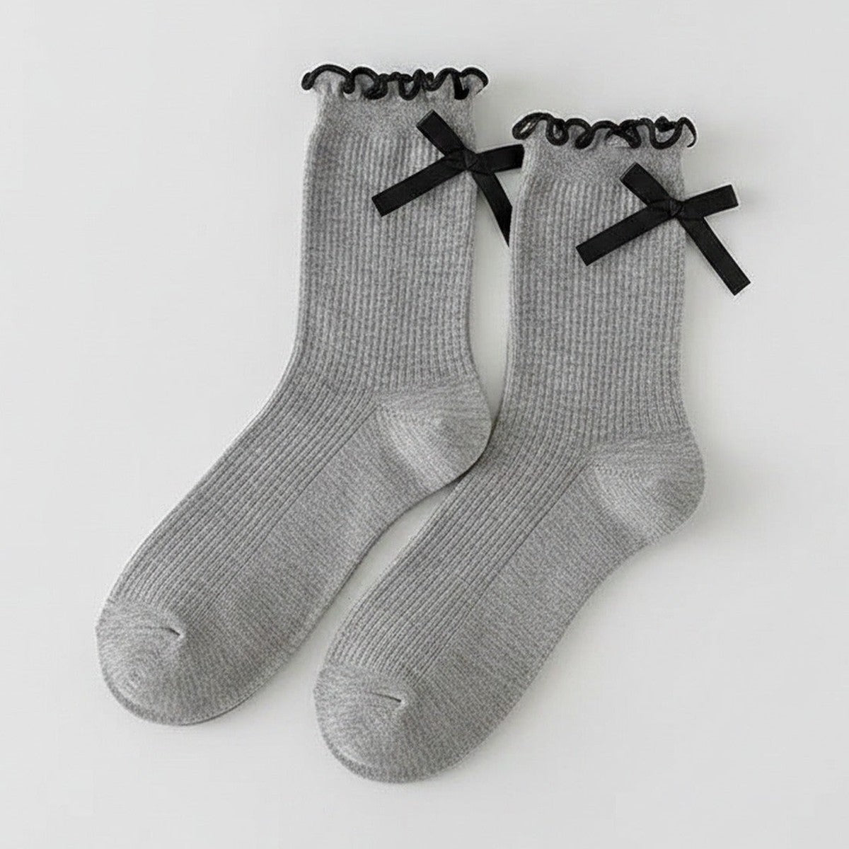 Gray Bow Ruffle Ribbed Crew Socks – apparel accessories (view 1)