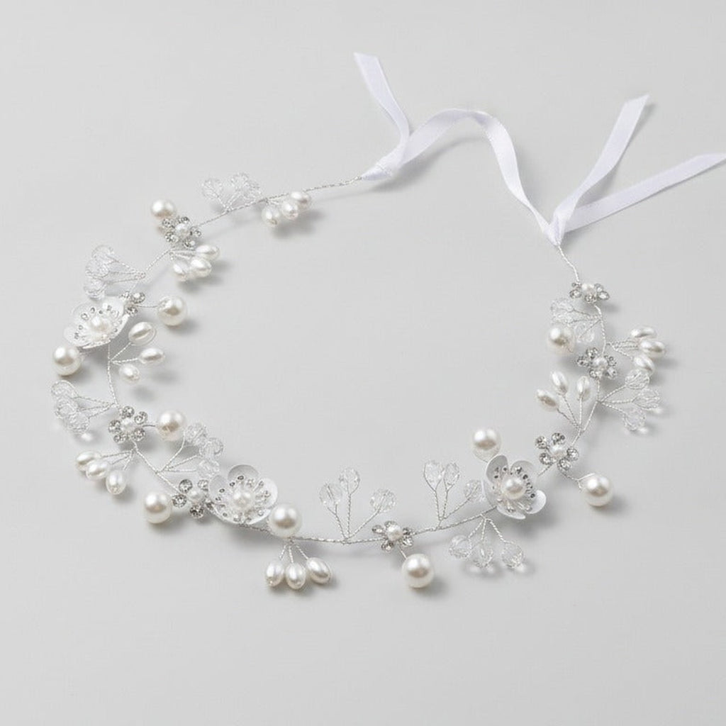 Pearl Crystal Wire Headband - Silver