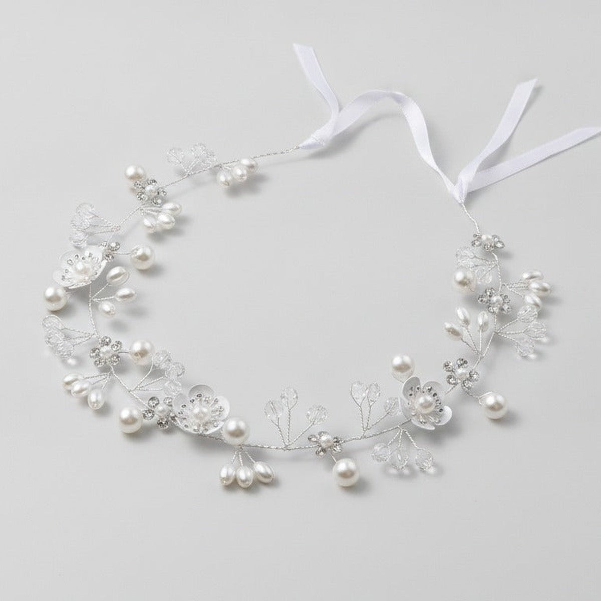 Pearl Crystal Wire Headband - Silver