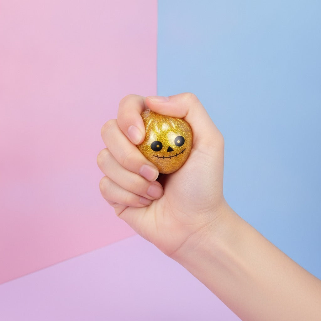 Spooky Dimple Squishy with Bamboo Steamer - Gold Skull - squeeze in hand