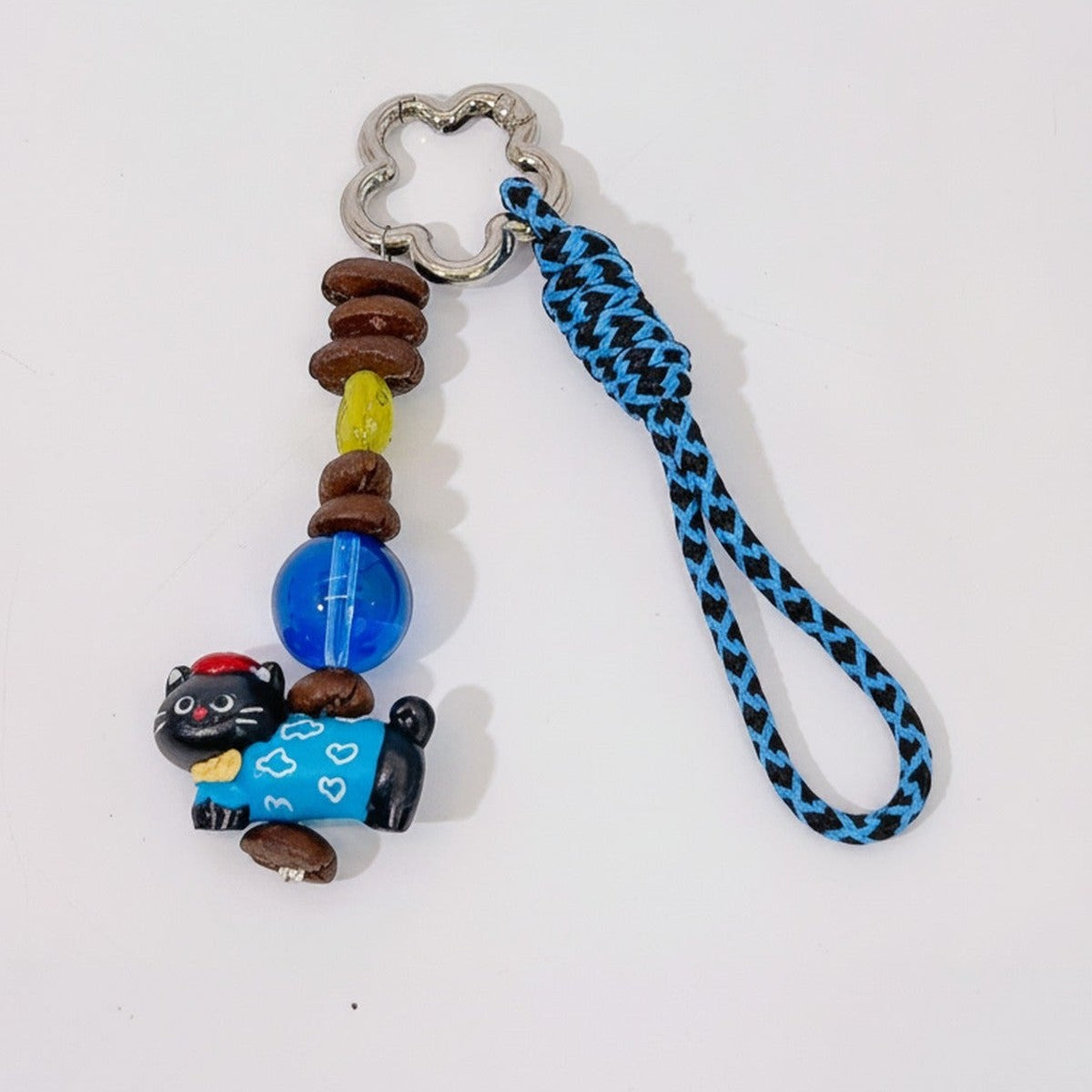 Acrylic Keyring With Beaded Charm And Woven Strap - Blue Kitty #2 – novelty & toys (view 1)