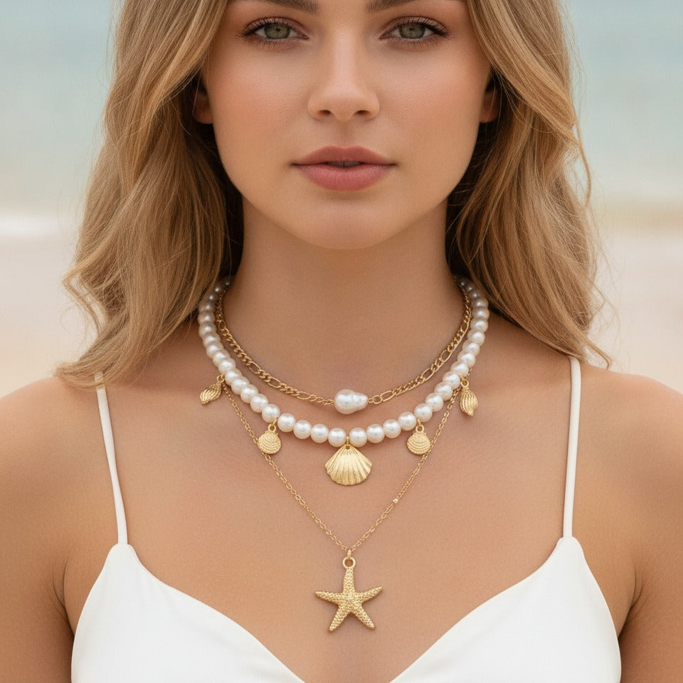 Beaded Ocean Charm Layered Necklace - Type 3
