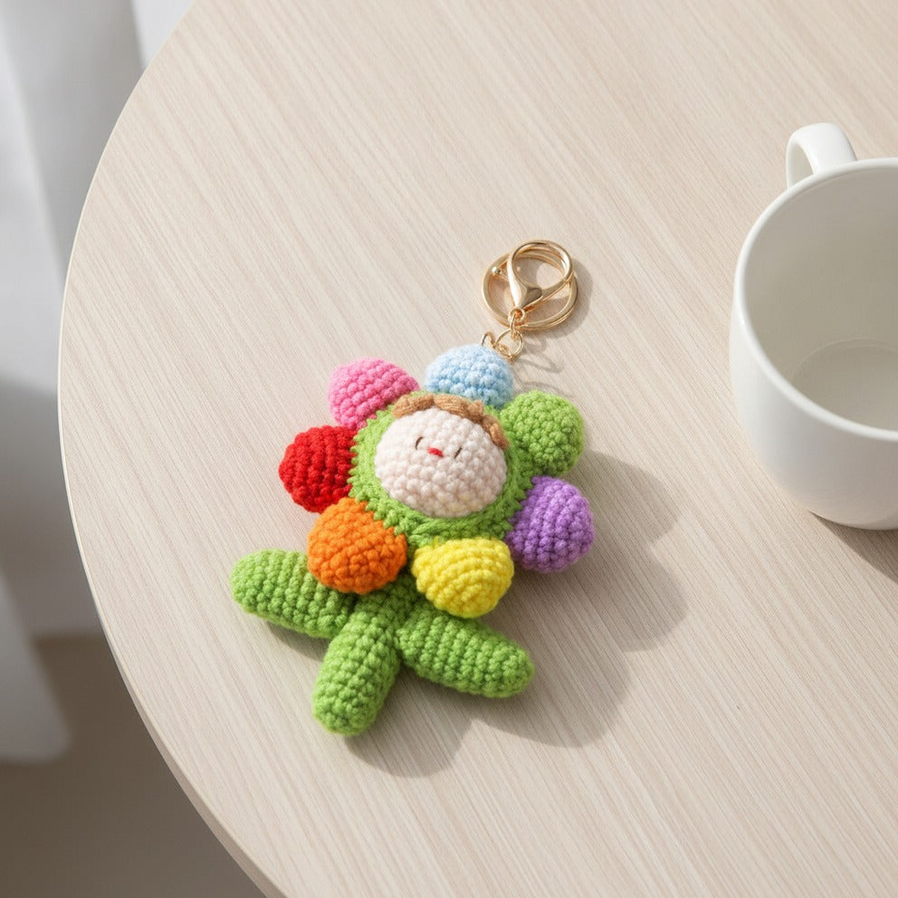 Smiley Flower Crochet Keychain - Rainbow