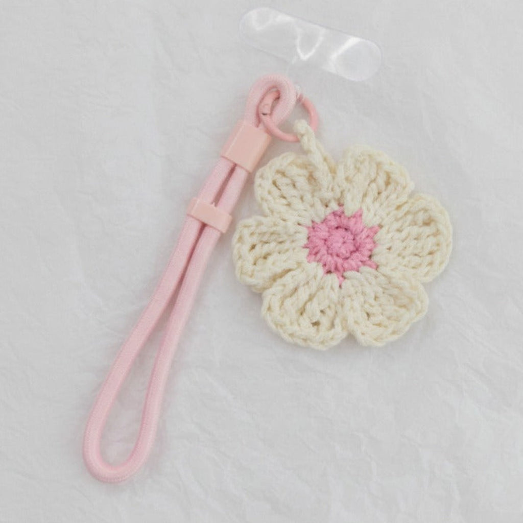 Crochet Flower Bag Charm - Cream & Pink