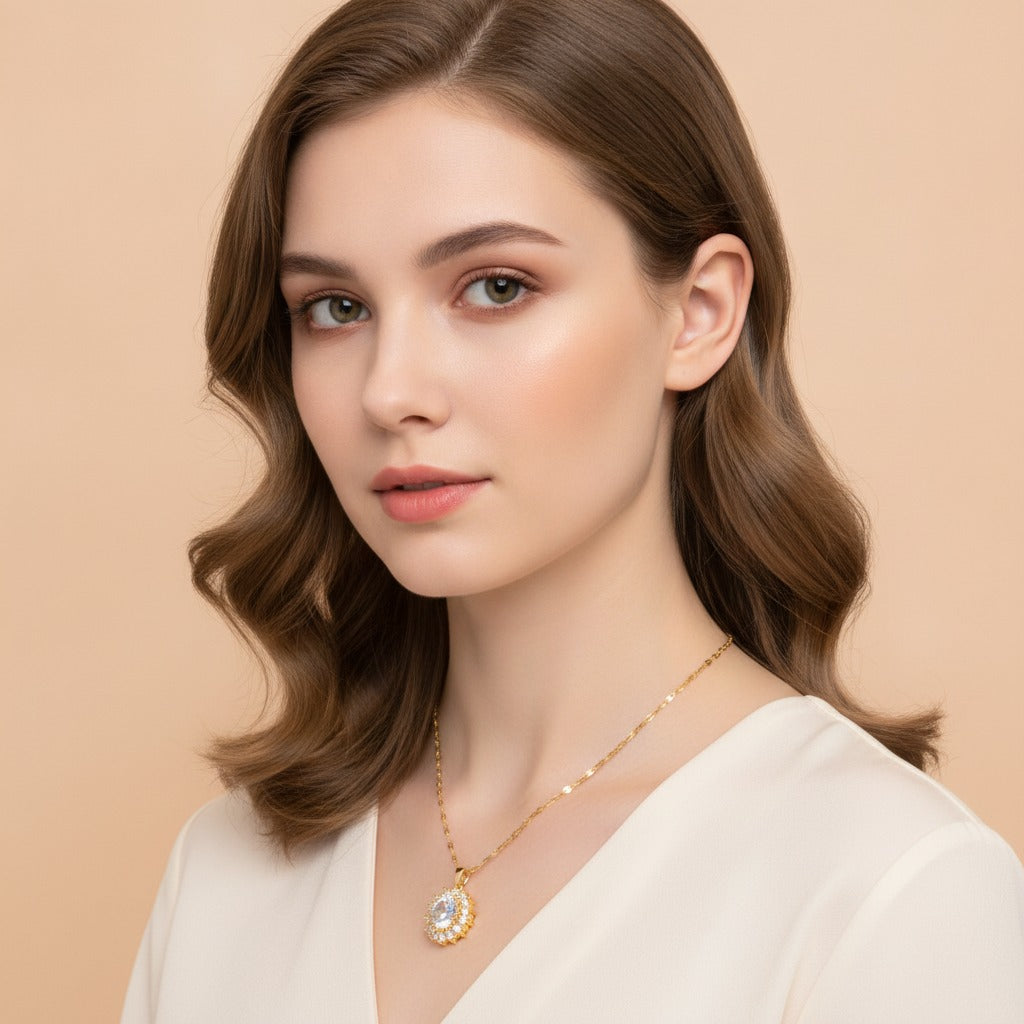 Oval Halo Crystal Pendant Necklace - Gold