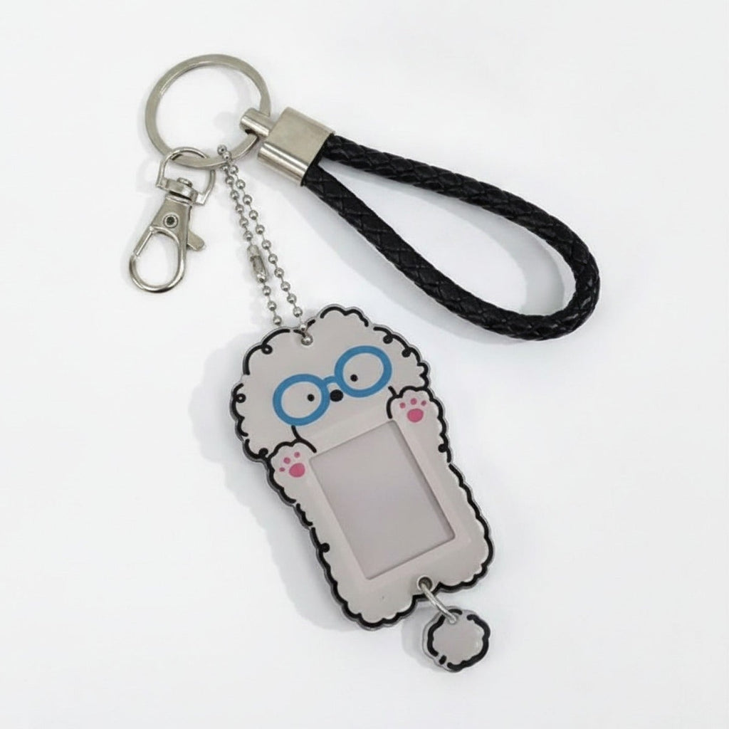 Puppy Photo Frame Keychain - Gray Pup Blue Glasses