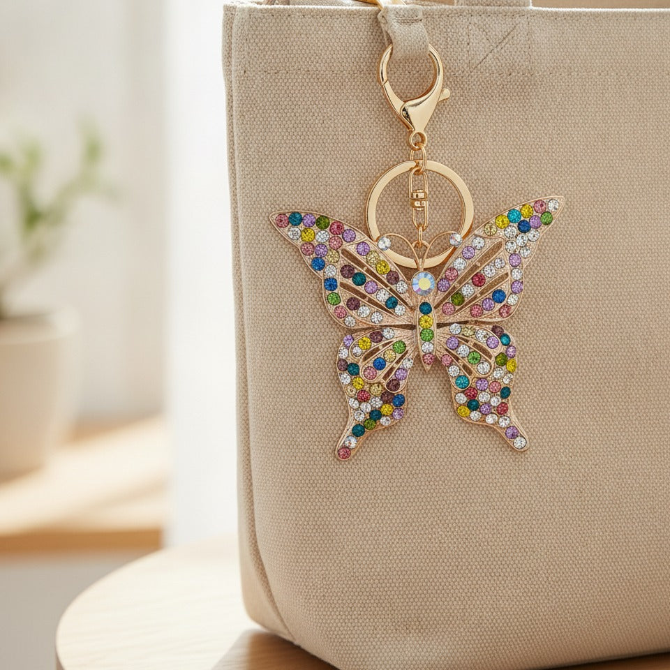 Rainbow Rhinestone Butterfly Keychain - Multicolor
