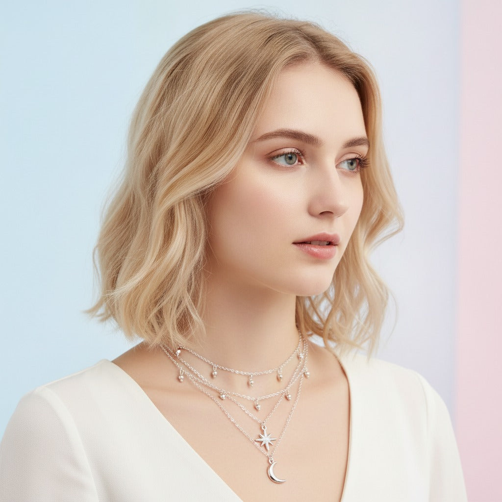 Celestial Layered Chain Necklace - Silver