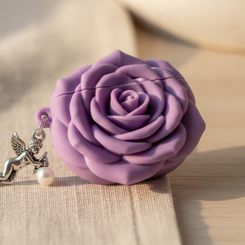 3D Flower AirPods Case with Beaded Charm - Purple Rose (for AirPods 4)