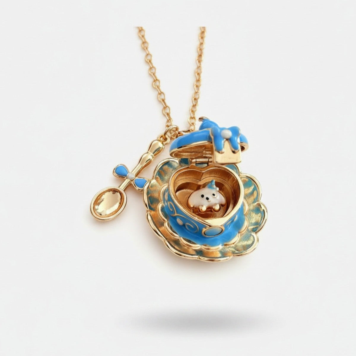 Flower Heart Locket Charm Necklace - Blue Teacup Opening Necklace – jewelry (view 1)