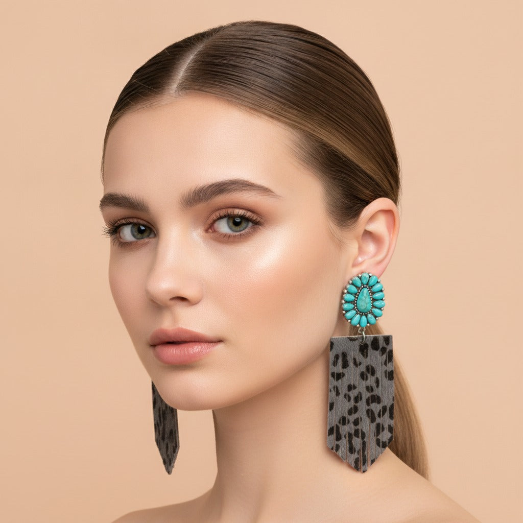 Turquoise Cluster Fringe Drop Earrings - Leopard Print