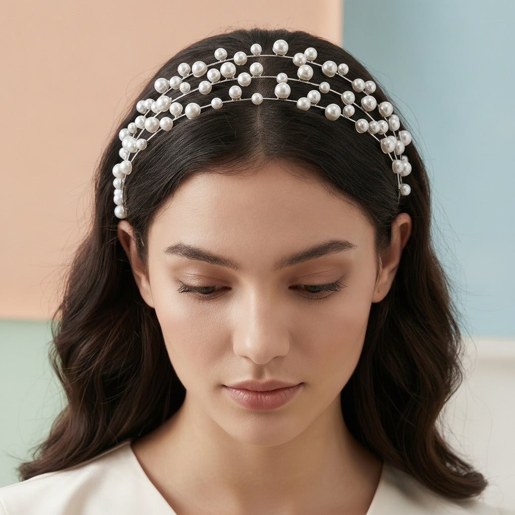Layered Pearl Crown Headband - Silver