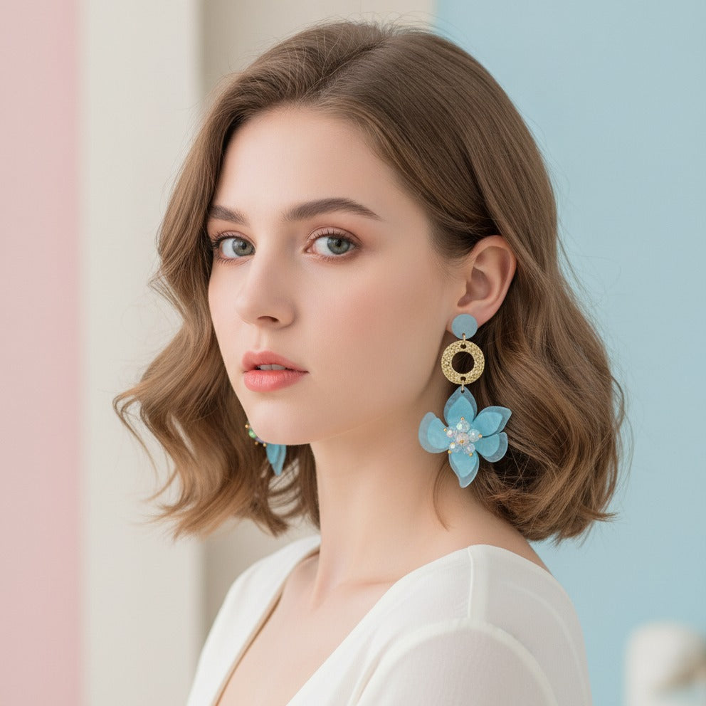 Flower Bead Dangle Earrings - Sky Blue