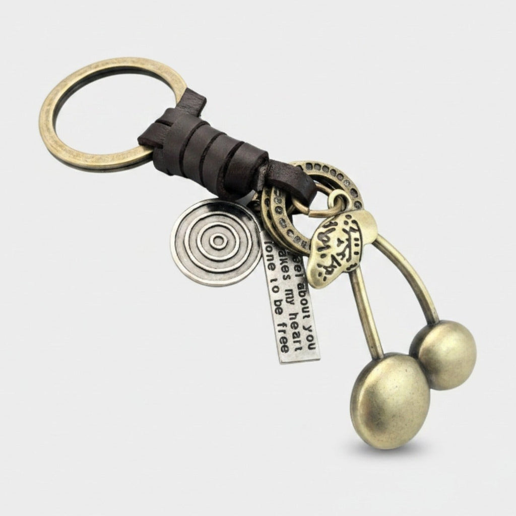 Vintage Brass Charm Leather Keyring with Cherry Motif – novelty & toys (view 1)