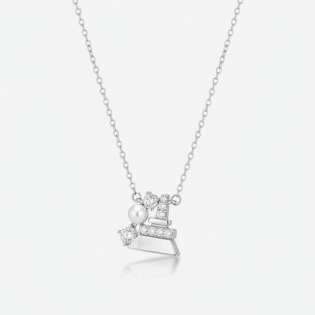 Pearl and Rhinestone Bell Charm Necklace - Silver XL70298 – jewelry (view 1)