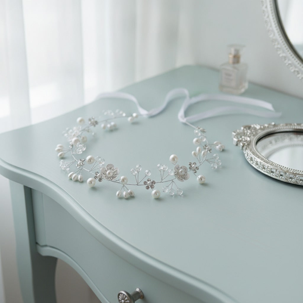 Pearl Crystal Wire Headband - Silver