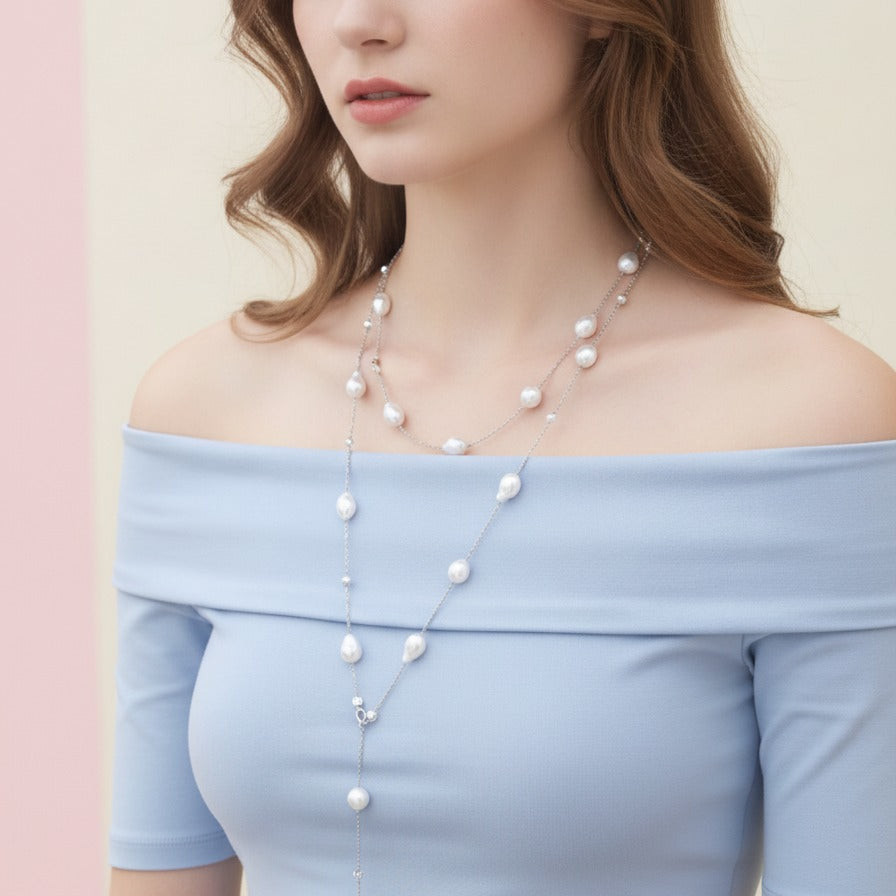 Layered Pearl Chain Necklace - Silver Pearl