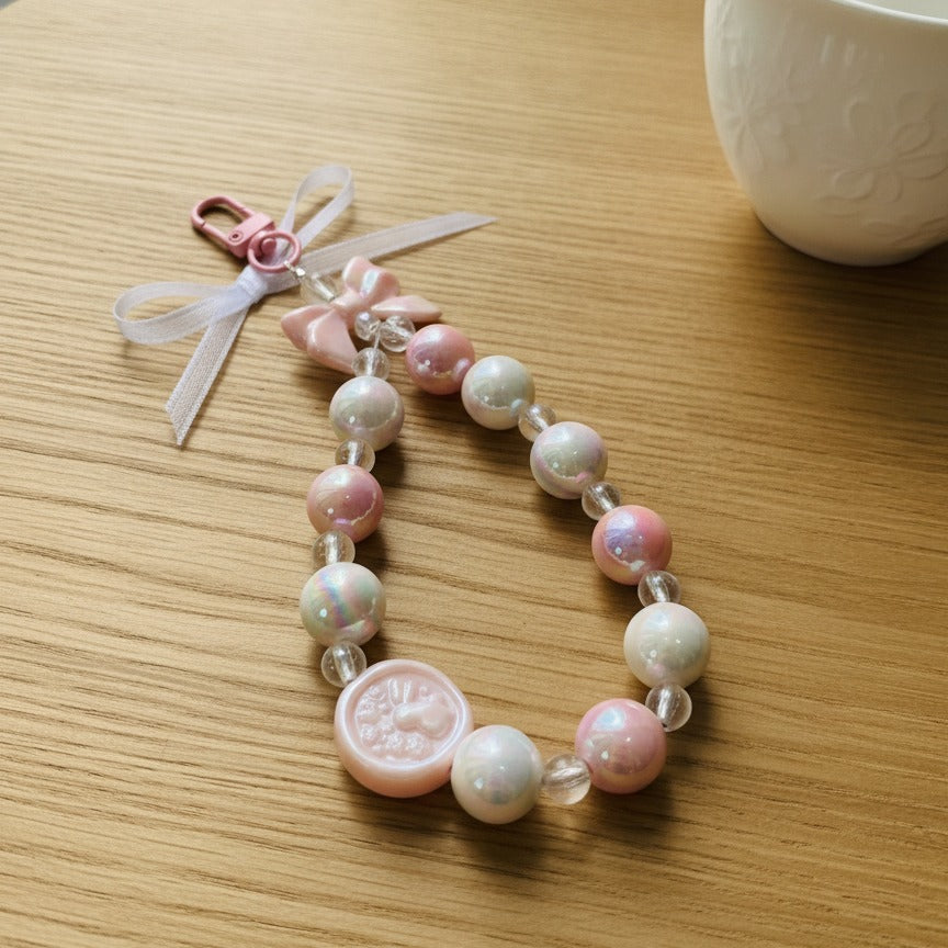 Pearly Bow Beaded Keychain - Pink