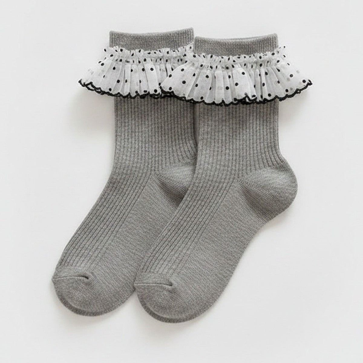 Gray Ruffled Polka Dot Crew Socks – apparel accessories (view 1)