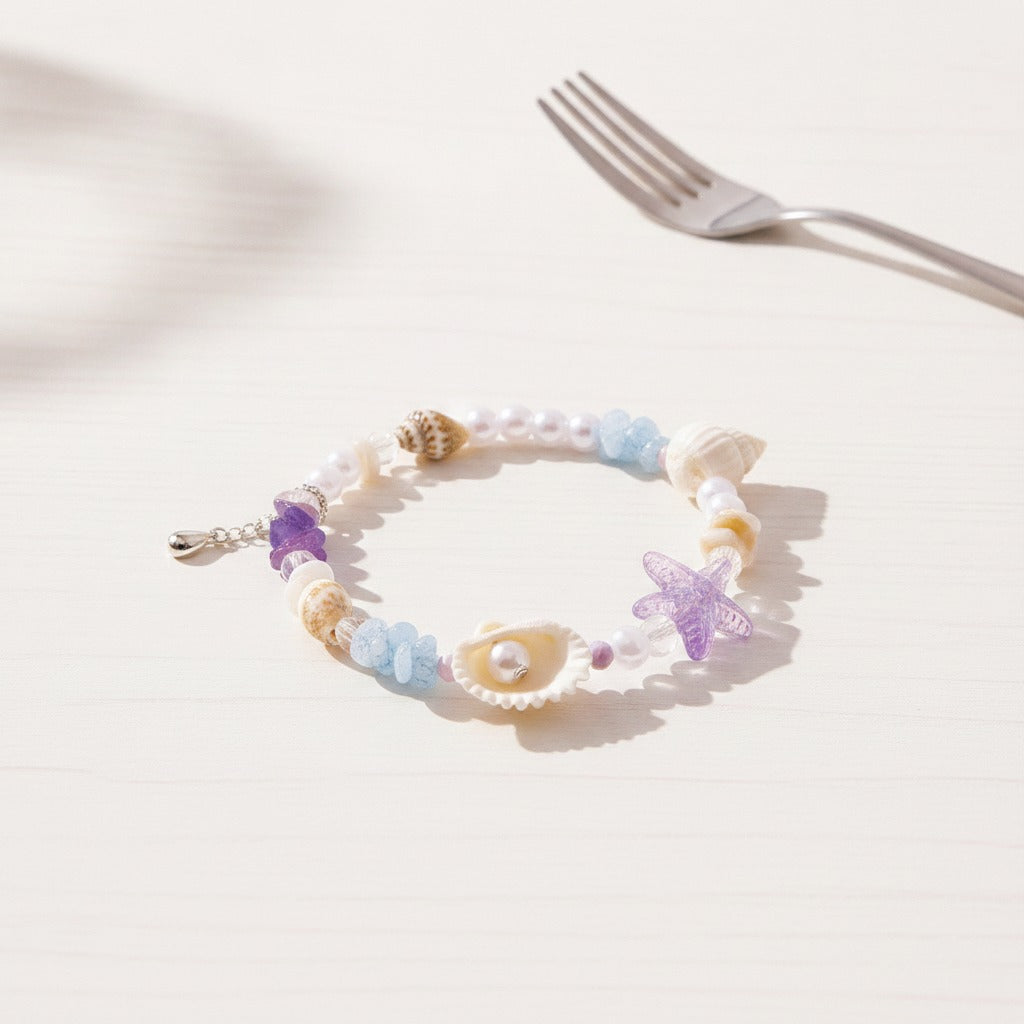 Beaded Shell Charm Bracelet - Lavender Mix