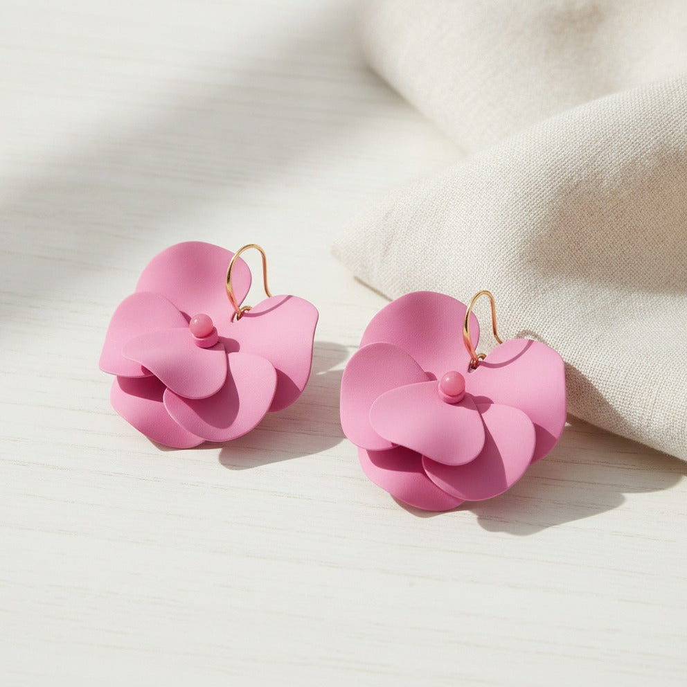 Puffy Flower Petal Dangle Earrings - Rose Red