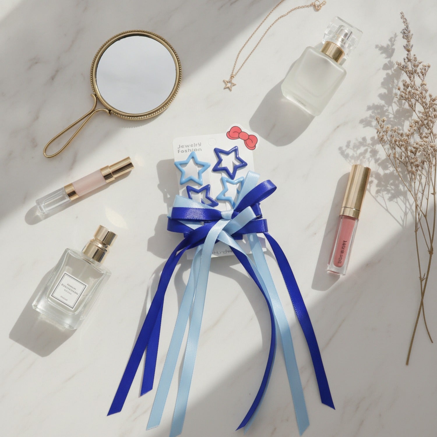 Star & Bow Hair Clip Set Dual Blue