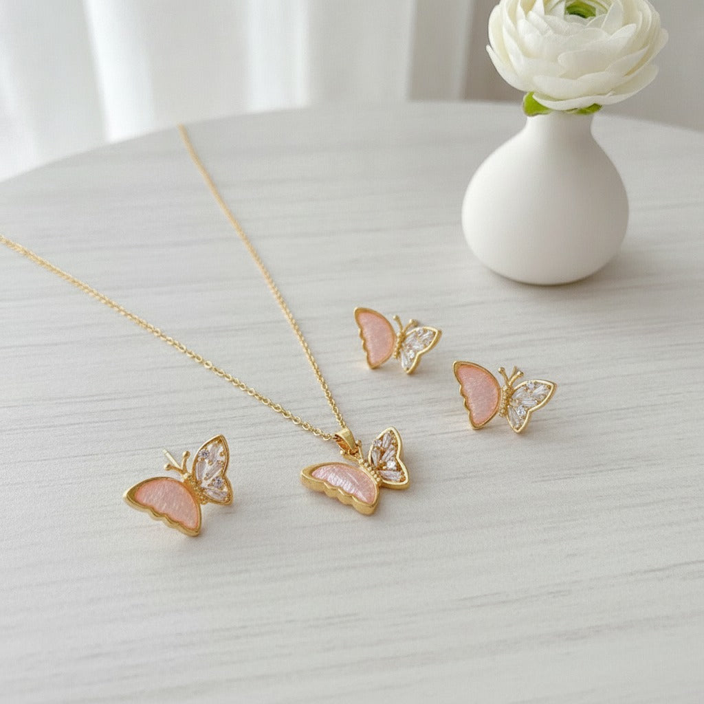 Butterfly Shell Necklace & Earring Set - Gold