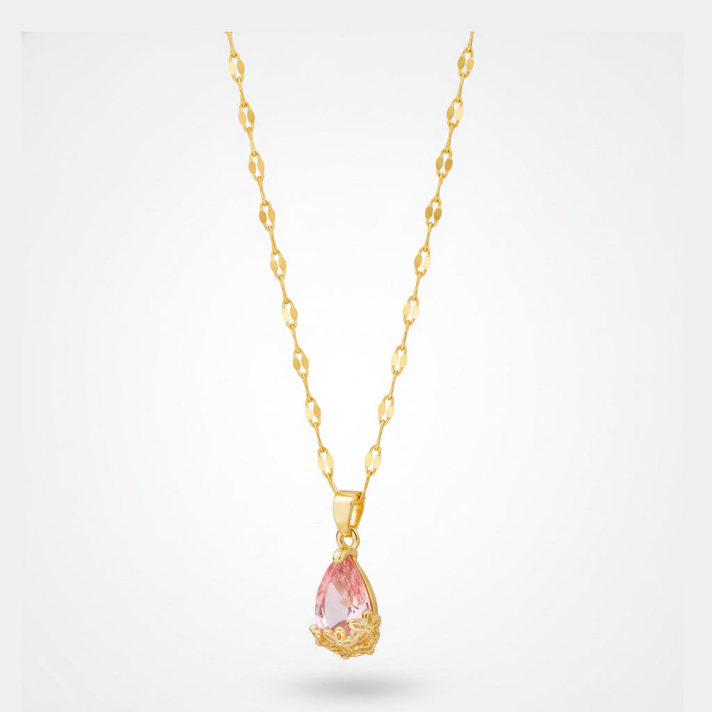 Pink Teardrop Crystal Gold Filigree Pendant Necklace – jewelry (view 1)