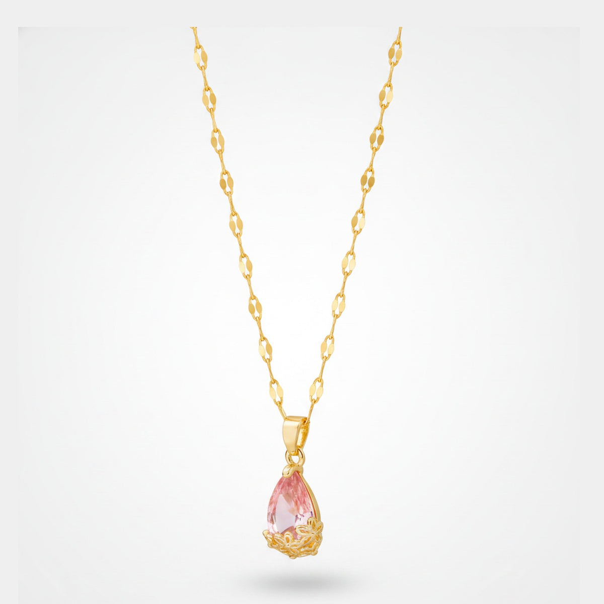 Pink Teardrop Crystal Gold Filigree Pendant Necklace – jewelry (view 1)