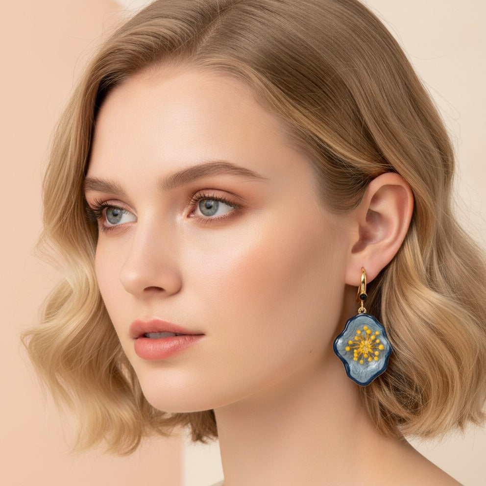 Botanical Bloom Dangle Earrings - Retro Blue