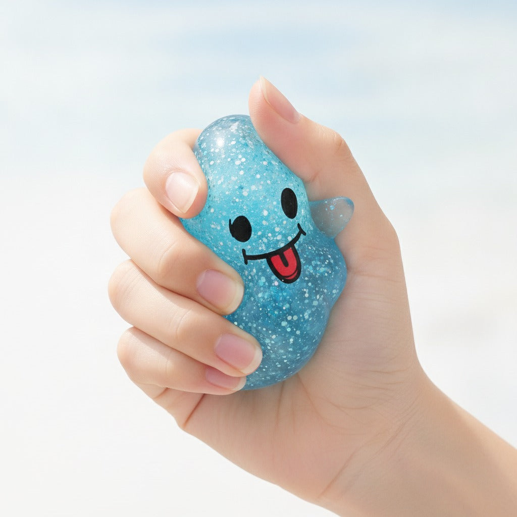 Grinning Ghost Squishy - Blue - squeeze in hand