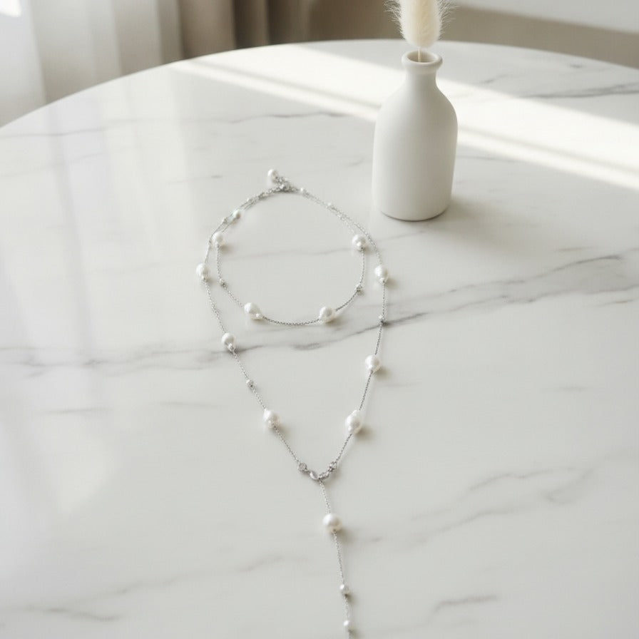Layered Pearl Chain Necklace - Silver Pearl