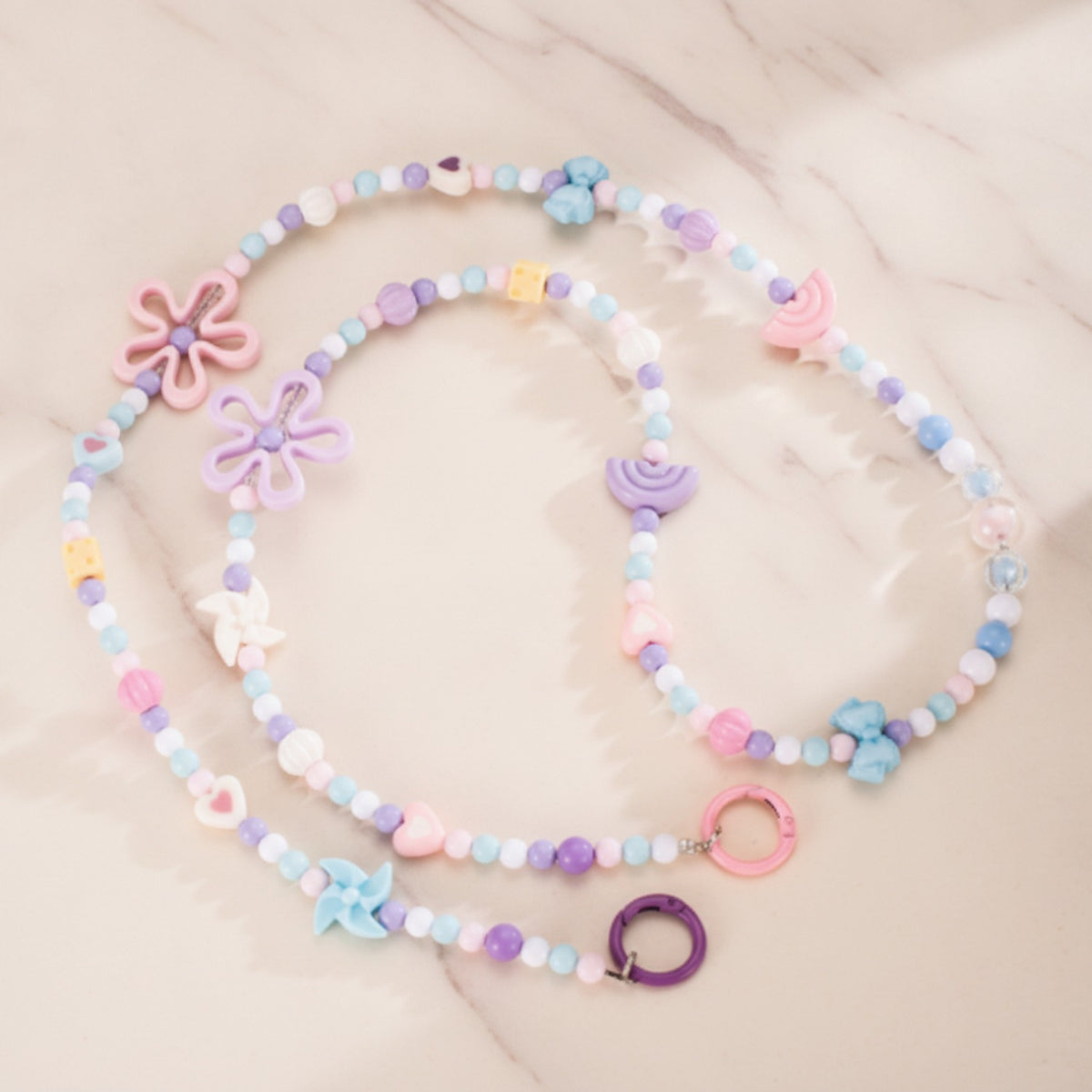 Beaded Flower Phone Charm Strap - Pink & Purple