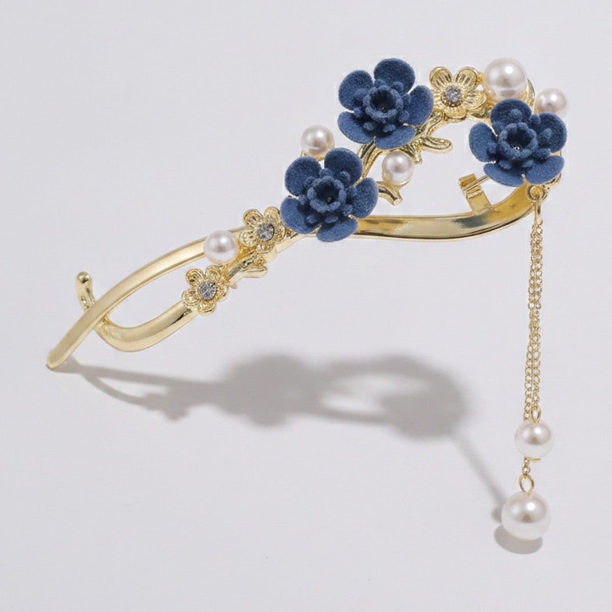 Blue Velvet Floral Hair Claw With Pearl Chain – hair accessories (view 1)