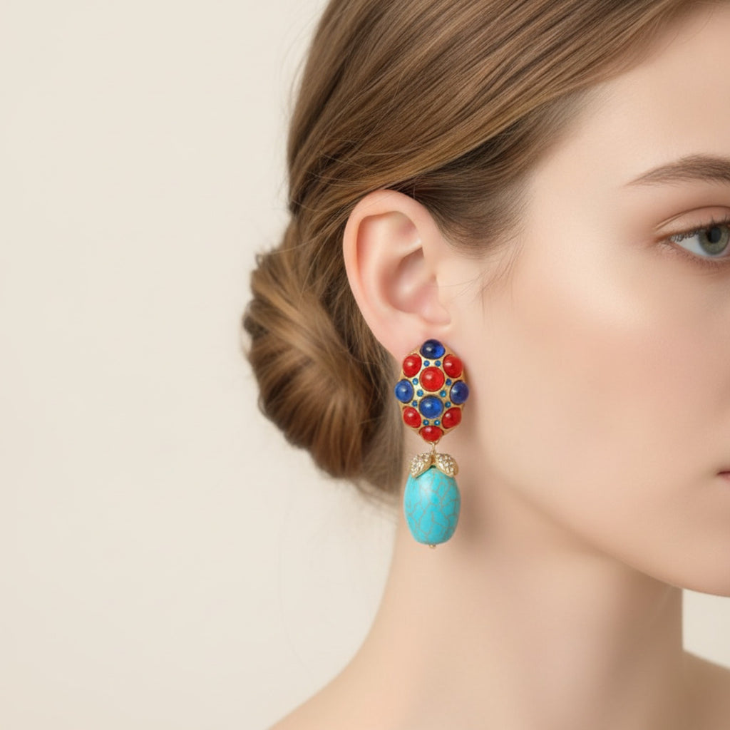 Jeweled Turquoise Drop Earrings Gold & Turquoise