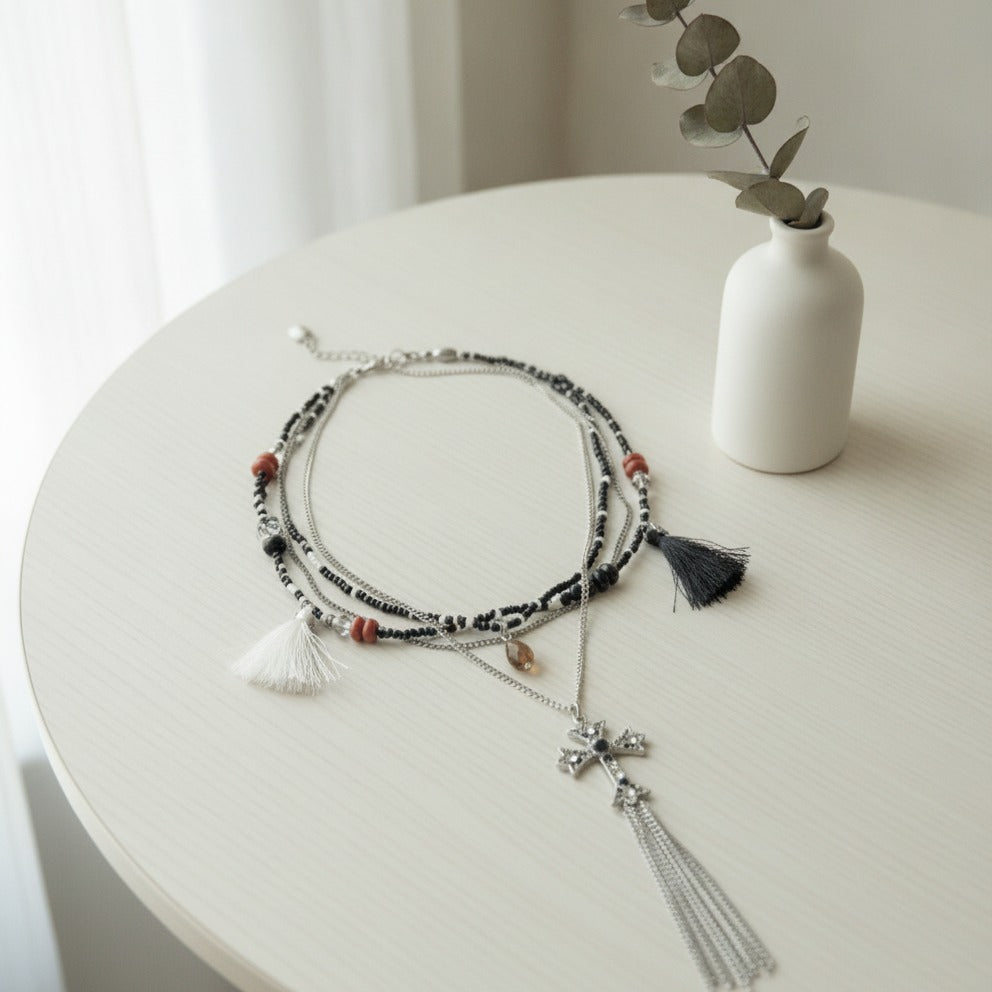 Cross Tassel Layered Necklace - Silver & Black
