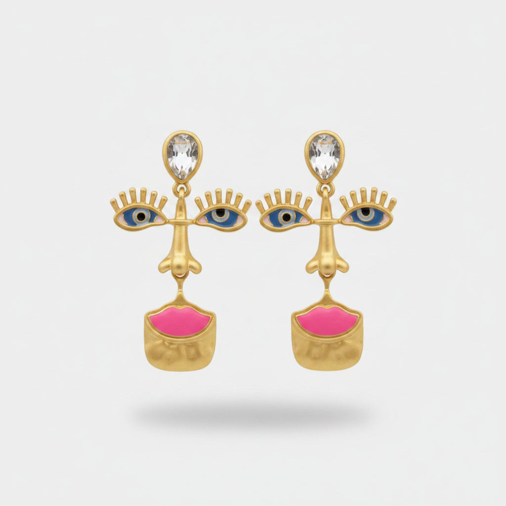 Gold Abstract Face Statement Earrings Gold & Pink