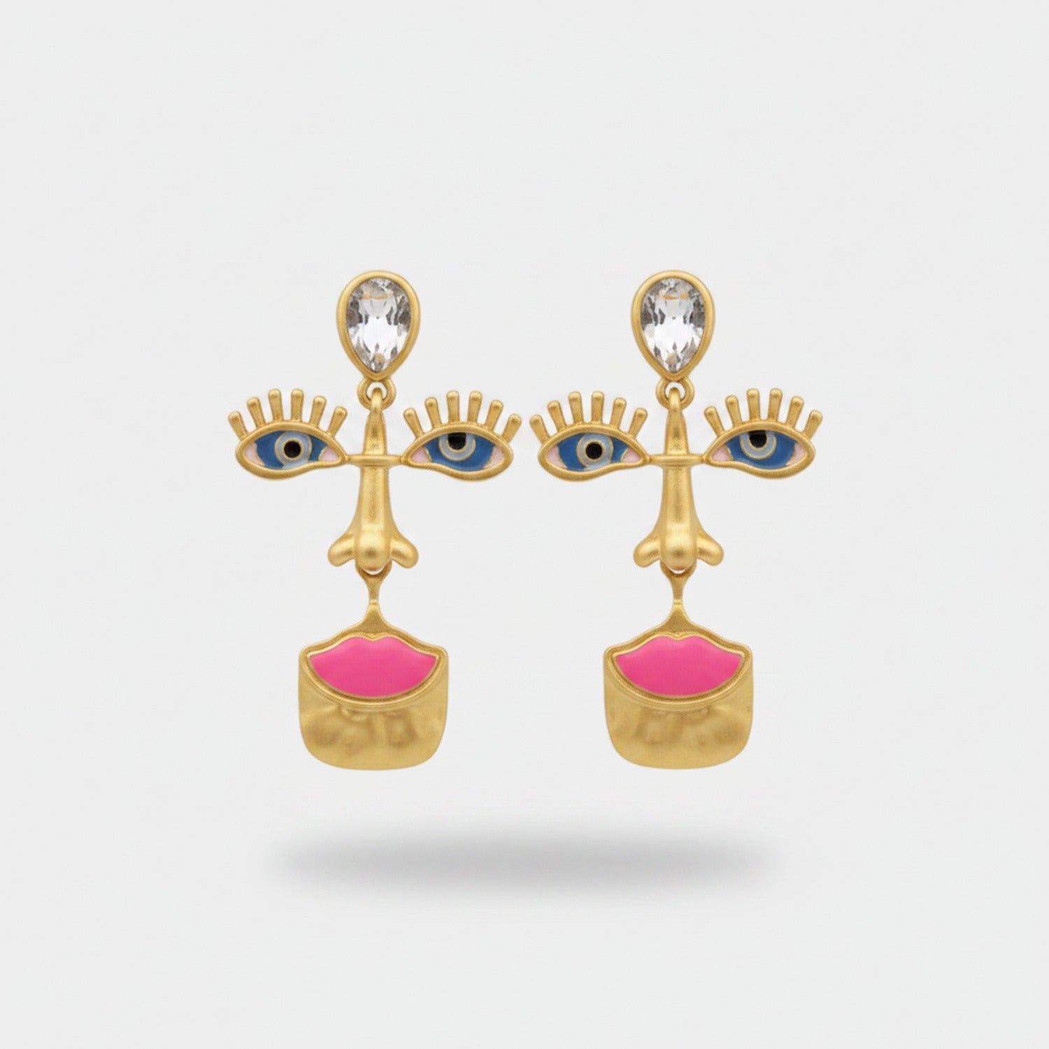 Gold Abstract Face Statement Earrings Gold & Pink