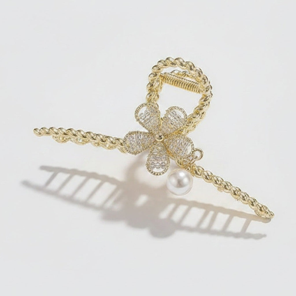 Gold Bow Pearl Hair Claw Clip – hair accessories (view 1)
