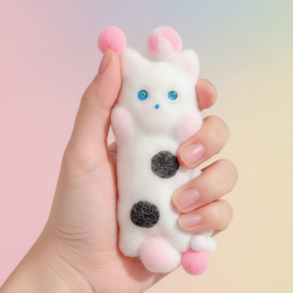 White Cat Squishy With Pink Beaded Details - squeeze in hand