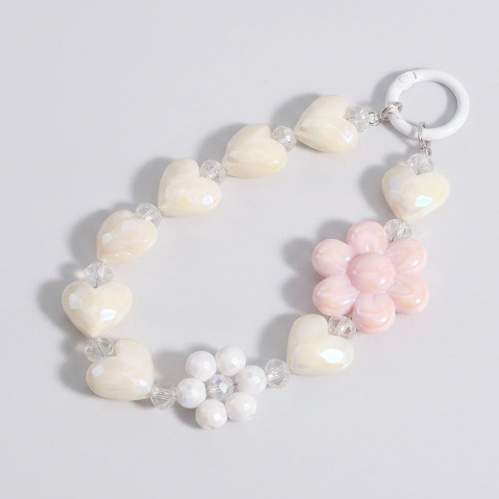 Beaded Heart Charm Keychain - Beige