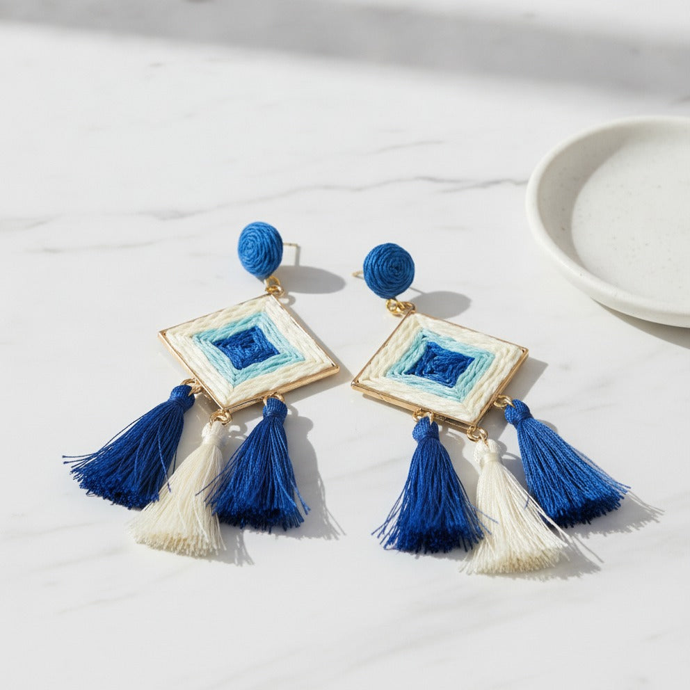 Woven Diamond Tassel Dangle Earrings - Blue