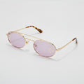 Oval Sunglasses With Geometric Temple Details - Gold Frame Purple Lens – eyewear (view 1)