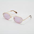 Oval Sunglasses With Geometric Temple Details - Gold Frame Purple Lens – eyewear (view 1)