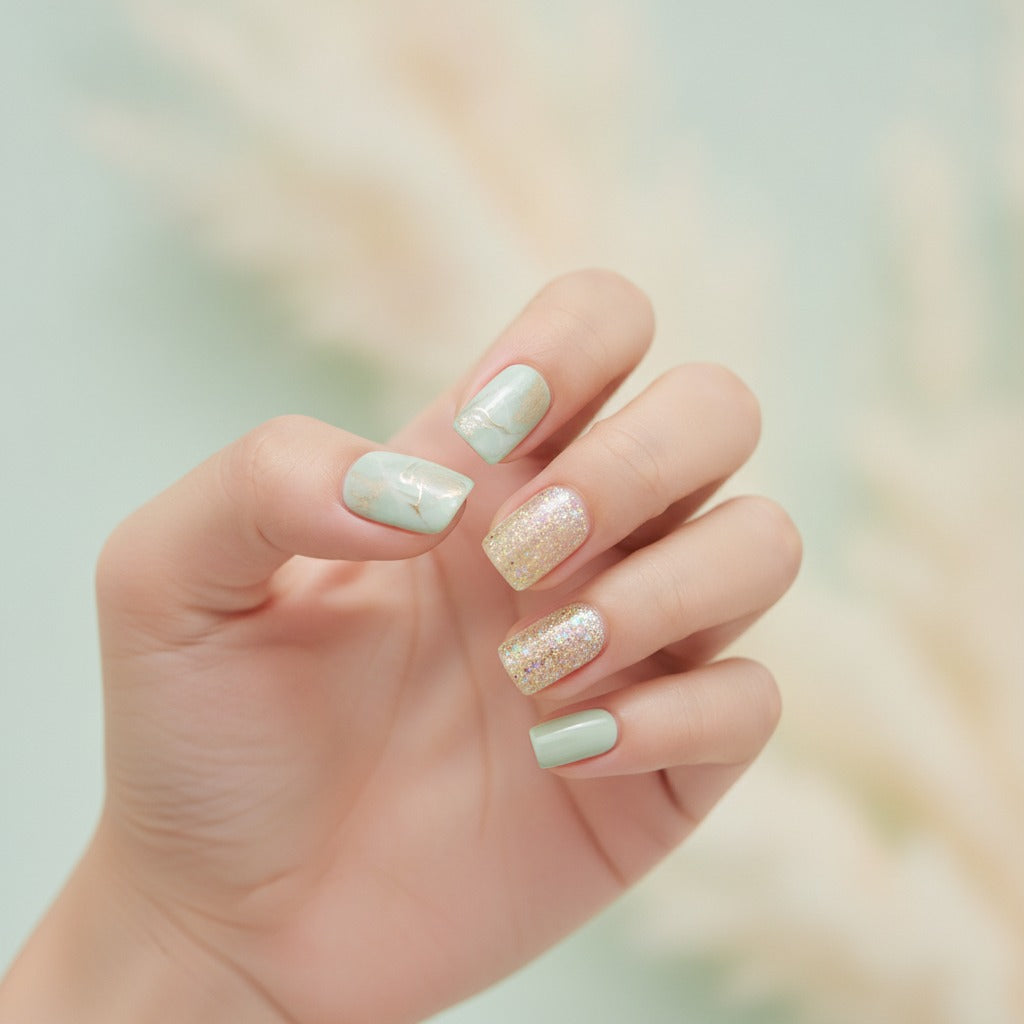 Sage Sparkle Press-On Nail Set - Sage & Gold